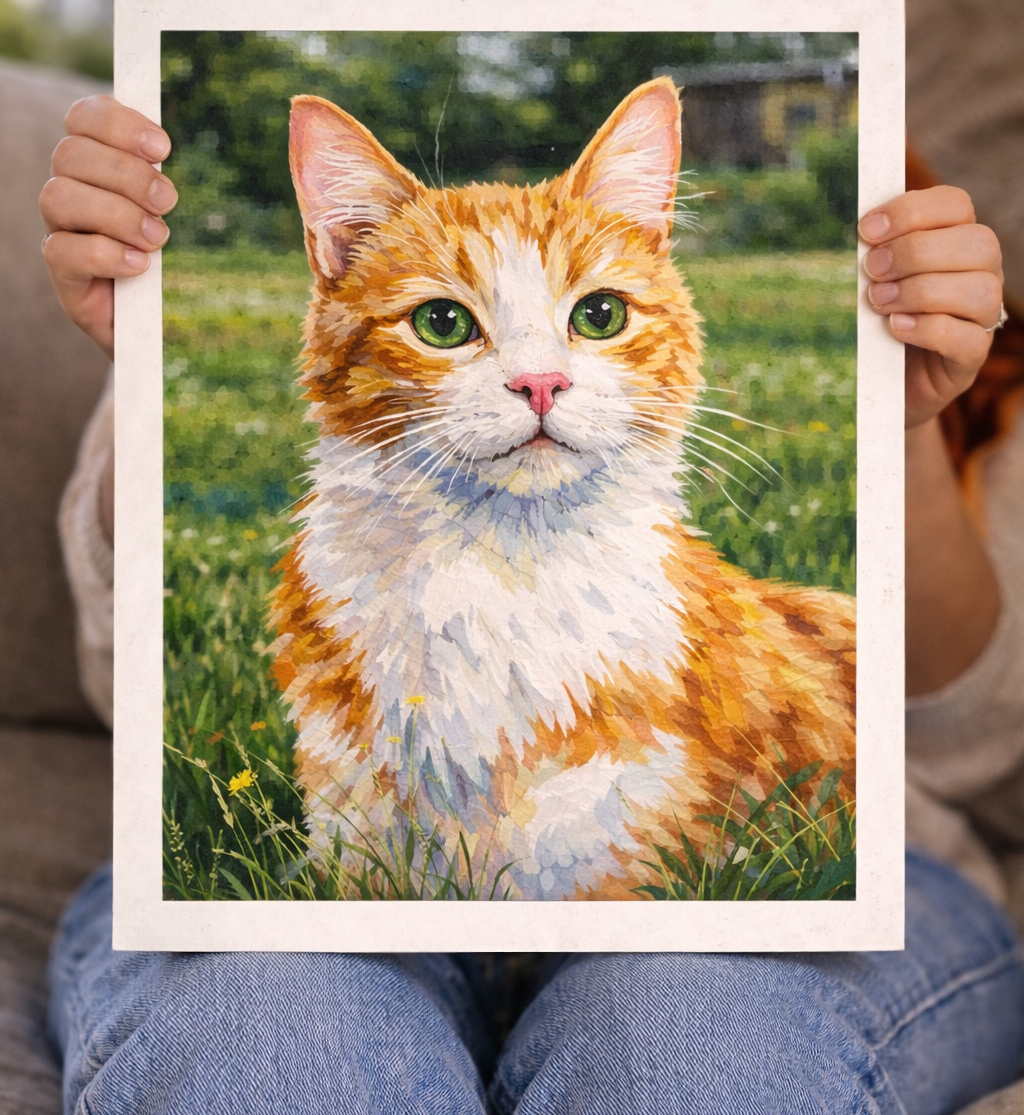 Person holding a framed painting of an orange and white cat in a grassy field.