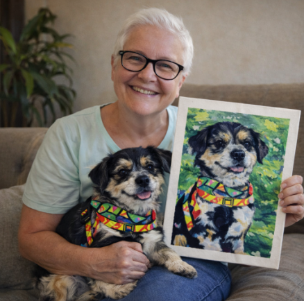 Woman holding a dog and a painting of the same dog on a couch