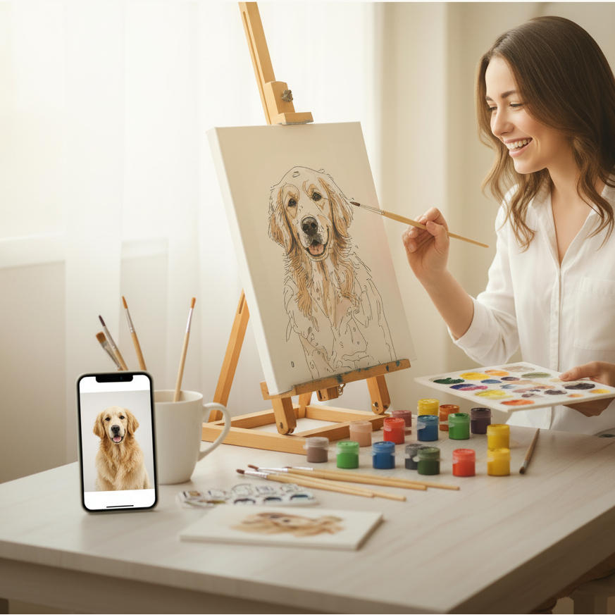 Woman painting a dog on an easel with a smartphone showing a photo of a dog next to her.